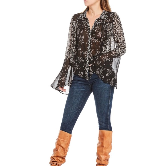 Free People Serena Bohemian Bell Sleeve Floral Printed Blouse Black M - Picture 1 of 12